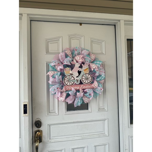 Happy Easter Bunny Rabbit Bicycle Deco Mesh Ribbon Spring Wreath Door Hanger - Picture 9 of 9